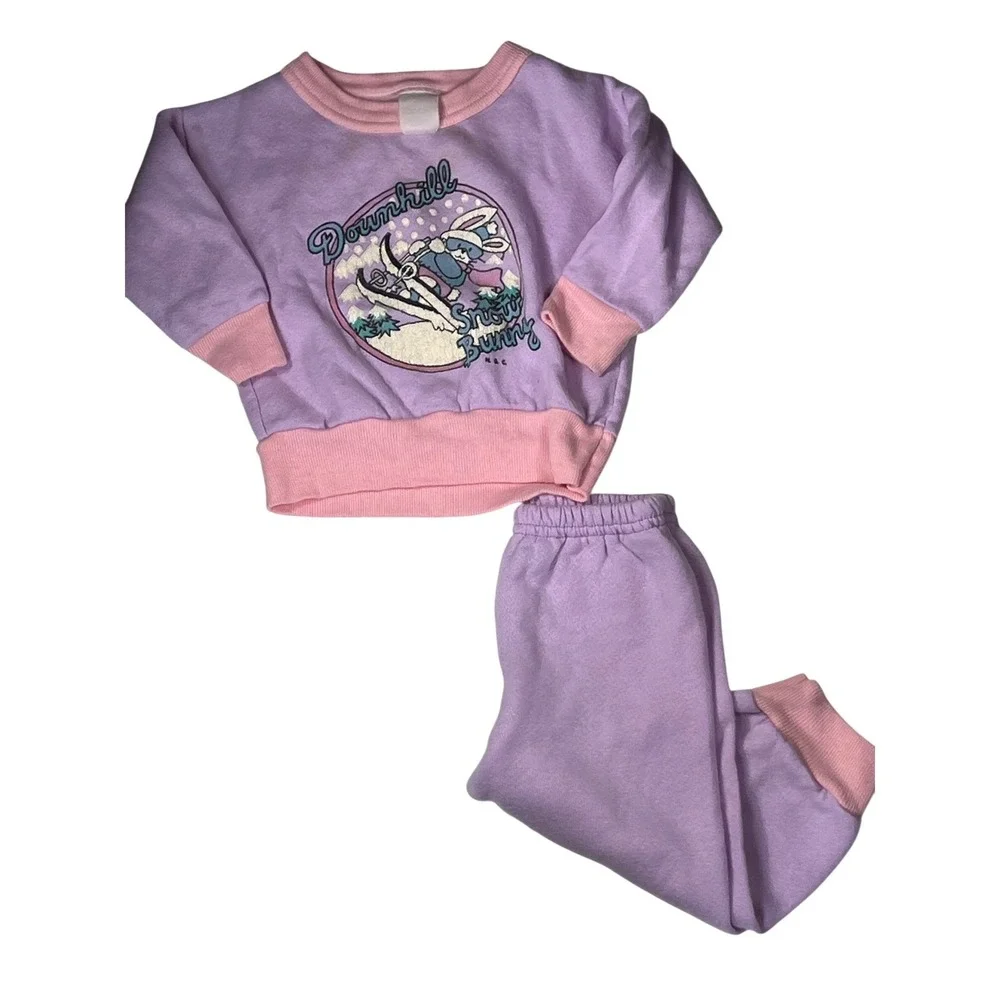 Vintage‎ Downhill Snow Bunny Fleece Sweatsuit Set Purple Pink 18 Months